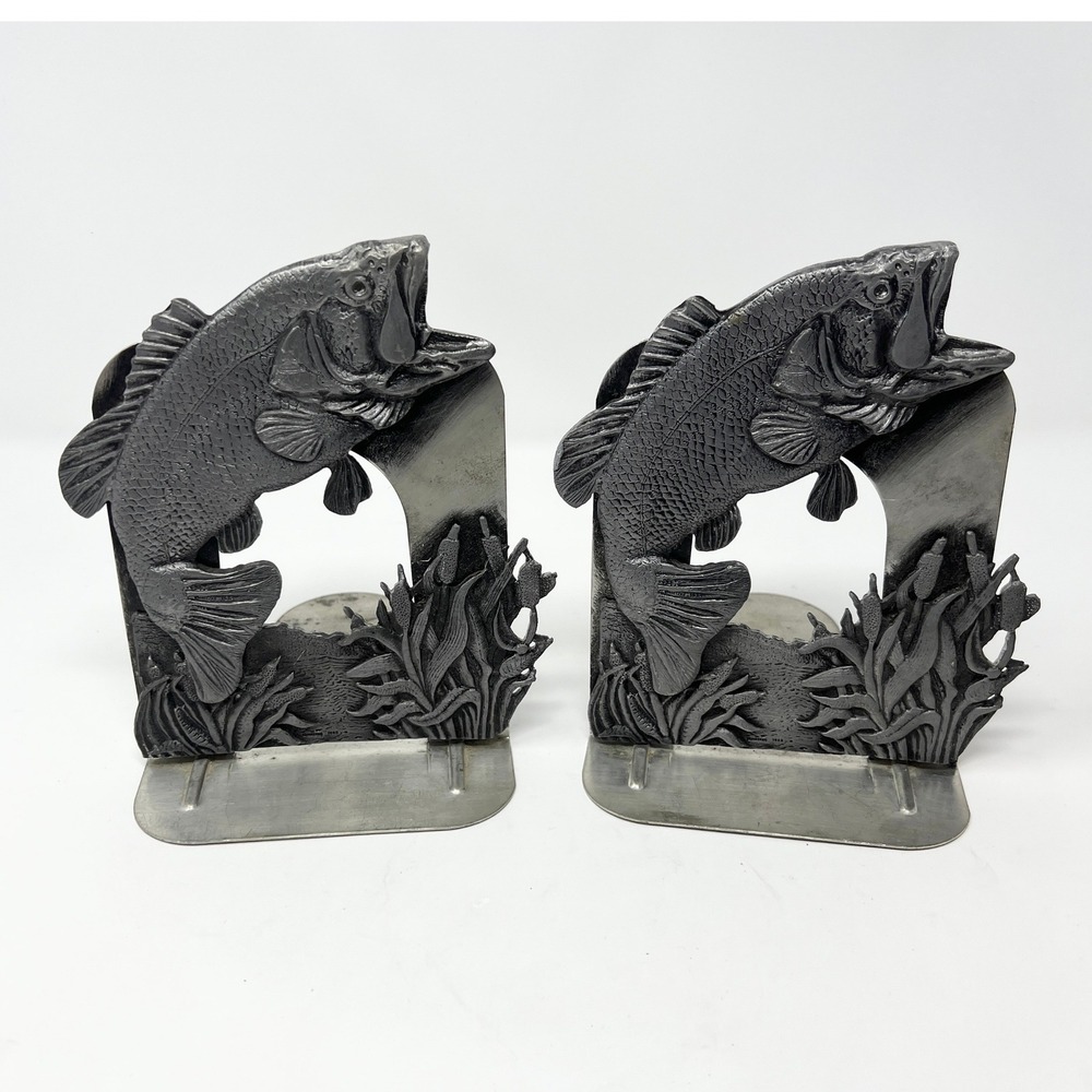 Vintage Jumping Bass Fish‎ Metal Bookends Set Rustic Lodge Cabin Fishing Decor
